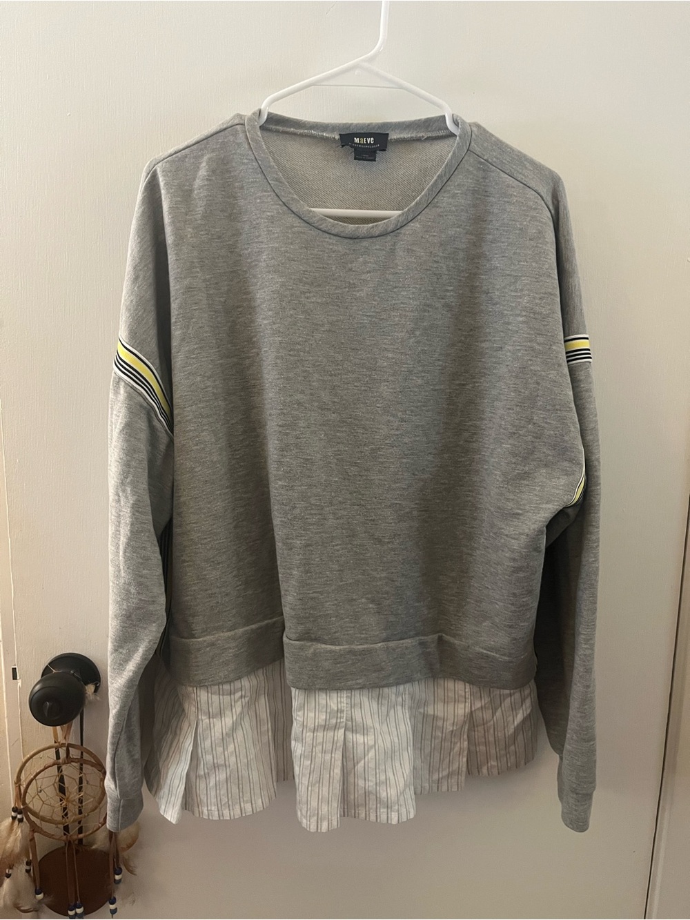 Maeve Anthropologie Sweatshirt Gray Striped Poplin Hem Varsity Women’s Sz L